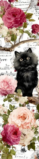 Cat bookmarks featuring a fluffy black cat in a floral tree